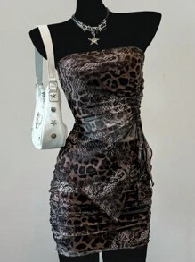 SHEIN EZwear Women's Snake Skin Print Knit Tube Top And Skirt 2 Pieces Set - Brown - View 4