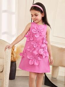 SHEIN Vestido casual y holgado con cuello alto simulado y decoración floral para niñas jóvenes, con estilo minimalista - Rosa Fucsia - Ver 4