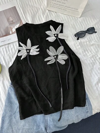 Comfortcana 大码珍珠3D花朵装饰针织背心
