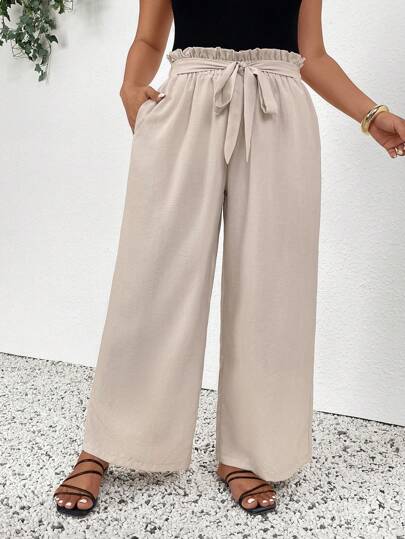 SHEIN Frenchy Plus Size Women Casual Apricot Straight Leg Pants, Slouchy Relaxed Style, Summer,Summer Pants
