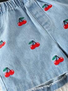 Girls Casual Daily Round Neck Short Sleeve Letter Print T-Shirt And Cherry Embroidery Elastic Waist Denim Shorts 2 Pieces Set, School, Campus, College