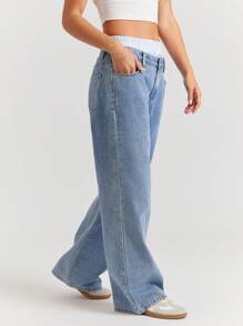 WESTFADE Low Rise Layered Boxer Striped Waist Baggy Wide Leg Denim Jeans Summer Casual Cute - Medium Wash - View 4