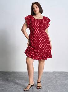 Chikora Plus Size Women Polka Dot Print Round Neck Ruffle Sleeve Short Shift Dress, For Summer,Office Outfits For Women - Red - View 3