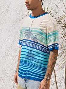 ROMWE MEN Casual Men's Round Neck Short Sleeve Ombre Palm Tree Print Knit Sweater, Vacation - Blue - View 3