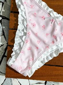 Swim Mod Bộ bikini viền ren trắng họa tiết hoa nhí ngọt ngào ngẫu nhiên dành cho nữ, phong cách nghỉ dưỡng bãi biển, mùa hè - Hồng - Xem 5