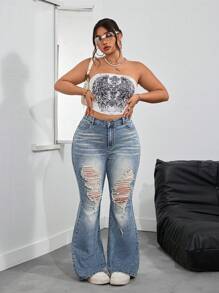 SHEIN Tall CURVE Quần jeans ống loe rách, giặt thường ngày cỡ lớn - Màu xanh lam - Xem 5