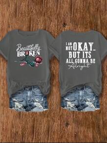 Calvaya 女士加大码休闲图案 T 恤 - “I'm Okay” 和 “Beautifully Broken” 字母印花，圆领，短袖，可机洗，黑色，四季皆宜 T 恤 | 背部印花衬衫 | 玫瑰图案设计，女士 T 恤 - 深灰色 - 查看 1