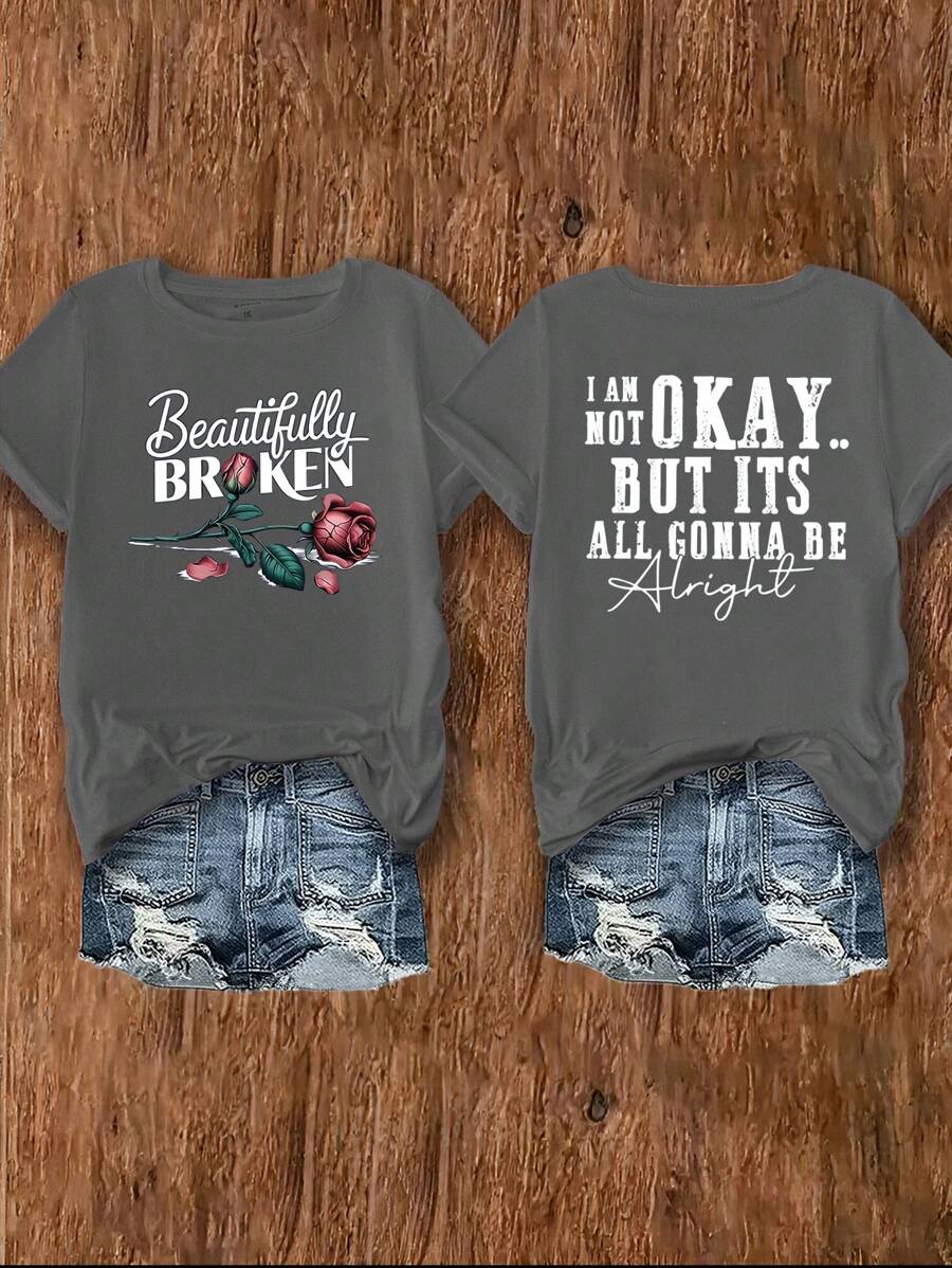 Calvaya 女士加大码休闲图案 T 恤 - “I'm Okay” 和 “Beautifully Broken” 字母印花,圆领,短袖,可机洗,黑色,四季皆宜 T 恤 | 背部印花衬衫 | 玫瑰图案设计,女士 T 恤 - 深灰色 - 查看 1