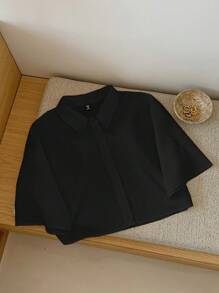 Comfortcana 女士黑色梭织纹理短款衬衫、夏季衬衫 - 黑色 - 查看 4