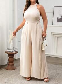 Celure Plus Size Women's Vintage French Romantic Casual Halter Neck Metal Ring Buckle Decor And Side Pleated Palazzo Jumpsuit, Suitable For Vacation, Afternoon Tea, Party, Commute