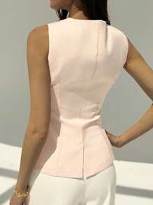 Aloruh Modern Sleeveless Fitted Waist Slim Round Neck Blazer In Fall/Winter - Baby Pink - View 2