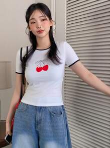 DAZY Women's Cherry Print Trim Round Neck Short Sleeve Casual T-Shirt Cute Tops