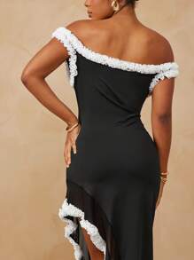 L'Amorae Women's Plus Size Elegant Wedding Off Shoulder With Ruffle Trim High Slit Maxi Dress - Black - View 4