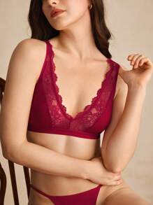 Charlaine Seksowny biustonosz damski z koronką w jednolitym kolorze i bezprzewodowymi wstawkami