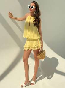 Aloruh Women's Vacation Solid Color Ruffle Hem Halter Neck Mini Dress,Butter Yellow Dress - Yellow - View 2