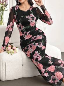 Modelyn 玫瑰花朵网眼印花优雅长袖连衣裙