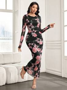 Modelyn 玫瑰花朵网眼印花优雅长袖连衣裙