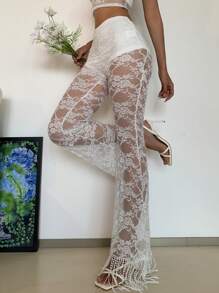 Comfortcana Women's Lace Sheer See-Through Flare Leg Pants - White - View 1