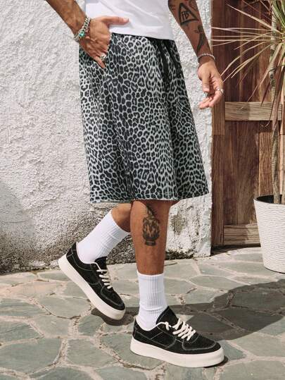 Street Life Men's Punk Loose Fit Leopard Print Drawstring Waist Casual Shorts