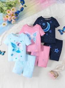 Set de 6 piezas de pijama de niña bebé con parte superior de manga corta y shorts con estampado de dibujos animados que brillan en la oscuridad en azul marino, azul claro y rosa - Multicolor - Ver 4
