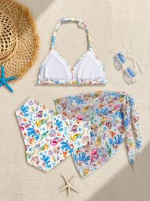 Tween Girls Marine Life Print Bikini Swimsuit Three Piece Set - Multicolor - View 2