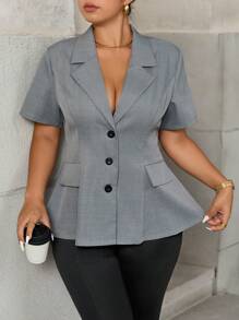 SHEIN LUNE 大码女式春夏优雅畅销灰色纹理设计开叉后背 A 字形仿口袋短袖简约西装外套，适合休闲、工作、日常等多种场合，舒适时尚