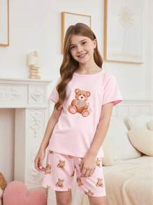 Set de 2 piezas de pijama para niñas preadolescentes, ajustado con estampado de oso de peluche y sakura rosa, top de manga corta y pantalones cortos, cómodo y con estilo