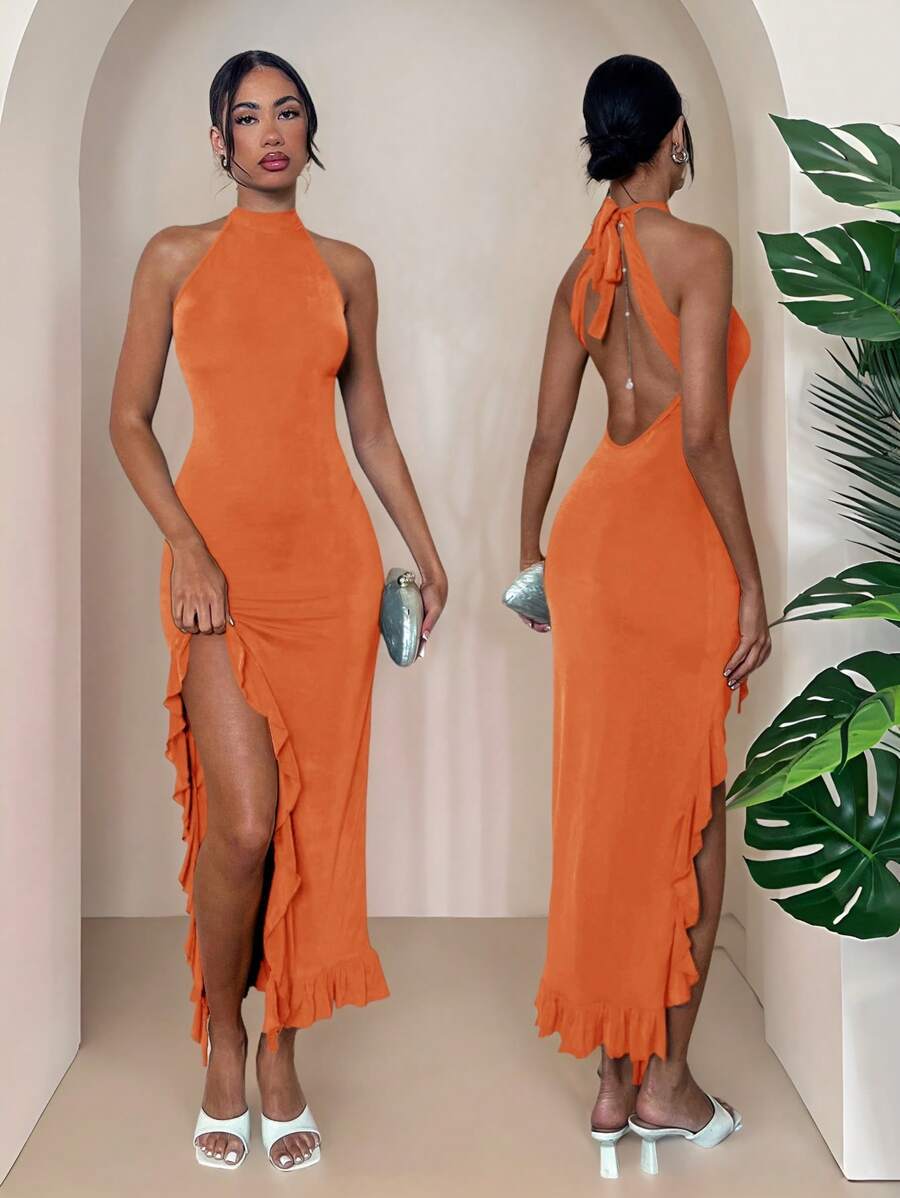 SHEIN PETITE Women Elegant Halter Tie Neck Sexy Open Back High Slit Ruffle Hem Stretchy Bodycon Dress Women Summer Clothing Women Casual Dress - Burnt Orange - View 1