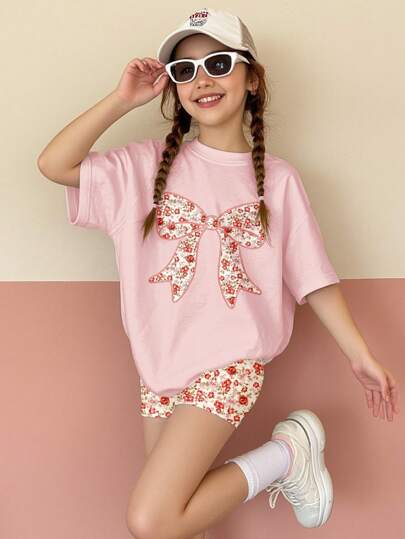 SHEIN Boho Butterfly Ditsy Floral, Tween Girl Casual Loose Fit Short Sleeve T-Shirt & Shorts 2 Pieces Outfit, Summer