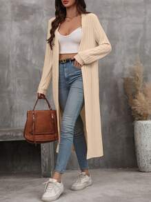 EMERY ROSE 女式纯色长袖罗纹长款休闲开襟常规夹克 - 杏色 - 查看 5