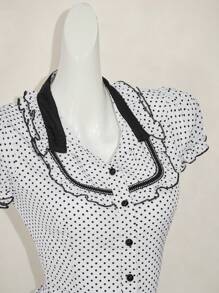 SHEIN ICON 复古甜美撞色蕾丝花边波尔卡圆点印花衬衫，百搭新风格