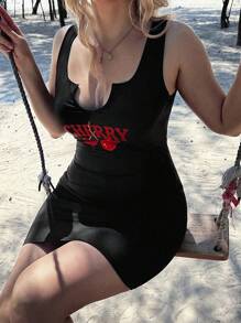 SHEIN EZwear 休闲简约樱桃图案无袖 V 领紧身迷你连衣裙，适合夏季 - 黑色 - 查看 5