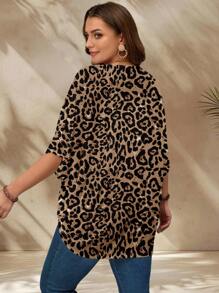 EMERY ROSE Plus Size Women Casual Leopard Print 3/4 Sleeve Jacket, Suitable For Summer Autumn,Spring - Brown - View 5