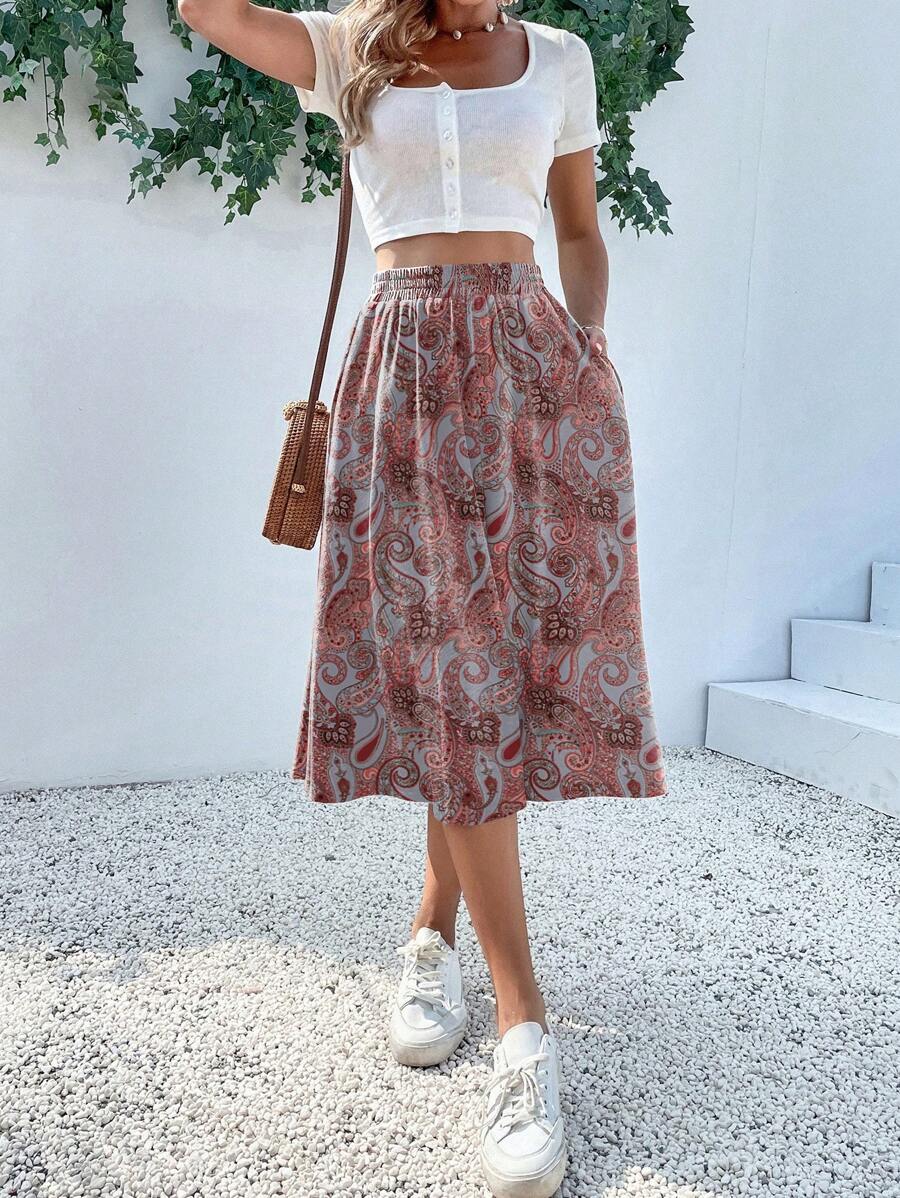 Breezaya 女式休闲松紧腰口袋佩斯利印花半身裙，度假风格 - 彩色 - 查看 1