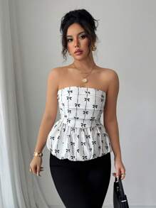SHEIN Clasi Bowknot Print Pleated Elegant Women's Tube Top - White - View 5