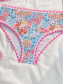 SHEIN Tween Girl Ditsy Floral Bandeau 比基尼套装，适合海滩、度假、复古、海洋、优雅、可爱 - 彩色 - 查看 4