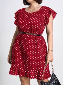 Chikora Plus Size Women Polka Dot Print Round Neck Ruffle Sleeve Short Shift Dress, For Summer,Office Outfits For Women - Red - View 6