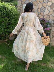 DAZY Floral Prints V-Neck Flared Sleeve Chiffon Patchwork Dress For Women, Spring/Fall Long Sleeve Dress - Butter Yellow - View 2