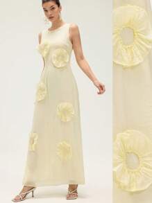 Aveloria Rosie French Romantic Elegant Handmade 3D Sunflower Decor Sleeveless Round Neck Cinched Waist Slim Fit Casual Vacation Dress For Women All Over Print  For Summer Spring Fall Autumn