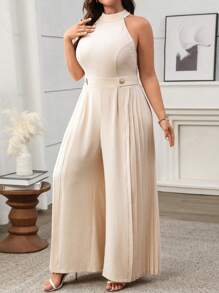Celure Plus Size Women's Vintage French Romantic Casual Halter Neck Metal Ring Buckle Decor And Side Pleated Palazzo Jumpsuit, Suitable For Vacation, Afternoon Tea, Party, Commute
