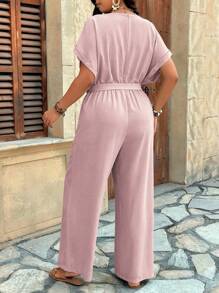 SHEIN LUNE Mono holgado de pierna recta con mangas de murciélago, cintura anudada y parches de encaje soluble en agua, talla grande, adecuado para salir y de vacaciones - Rosa - Ver 2