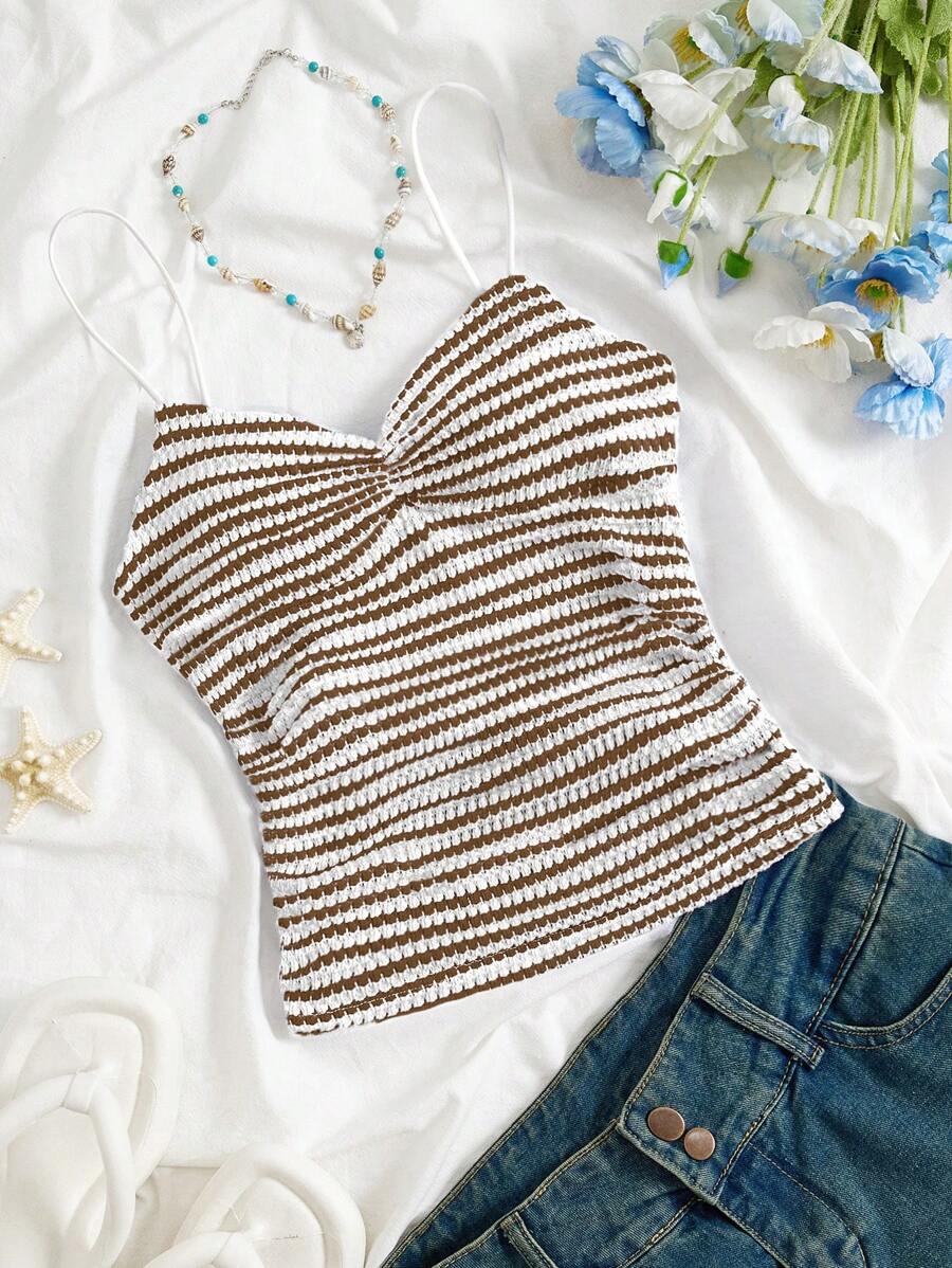 SHEIN Unity Women's Casual Ruched Striped Camisole Top, Suitable For Daily Wear And Vacation, Spring/Summer - Brown - View 1