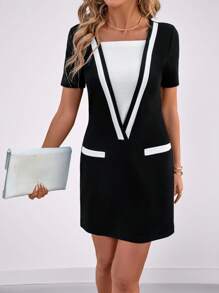 SHEIN Clasi 女士撞色黑白短袖针织宽松休闲百搭短裙 - 黑與白 - 查看 1