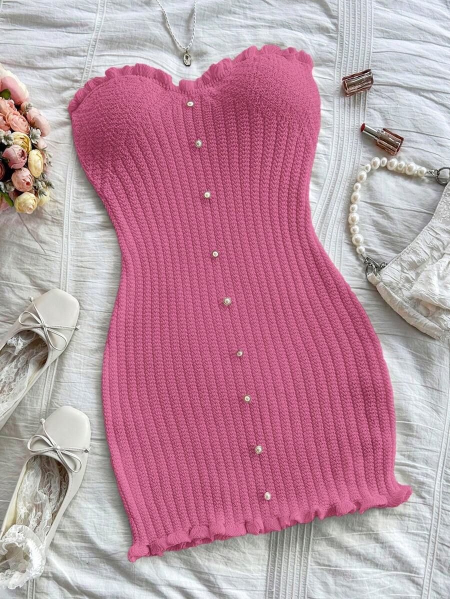 Soleia Slim-Fitting Comfortable Sexy Button & Ruffle Hem Knit Dress - Hot Pink - View 1