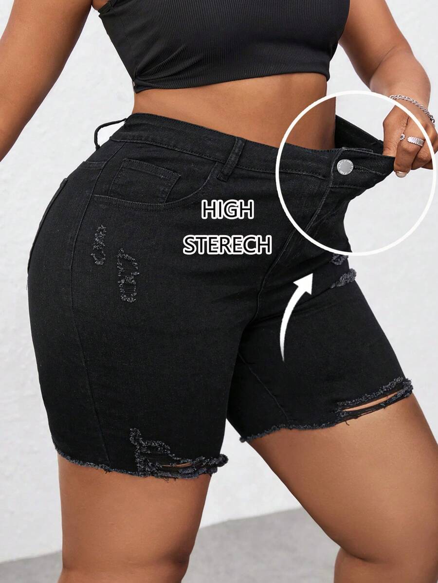 SHEIN PETITE CURVE Plus Size Women's Black Denim Elastic Skinny Ripped Shorts Summer Summer For Women Vacation Women Cowgirl For Women Western Wear Women Business Casual Woman Festival Airport For Women Graduation Rave Rave Festival Y2k Women Cowboy Streetwear Gyaru 2000s Disco - Black - View 1