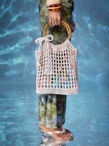 ROMWE Fairycore Fashion Hollow Shell Decor Beach Vacation Straw Woven Tote Bag For Women - Beige - View 4