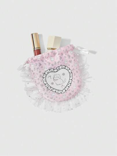 Kawaii Bolsa de cosméticos con cordón de gran capacidad con diseño de encaje floral, gato y lazo en tela de malla, estuche de maquillaje 999058