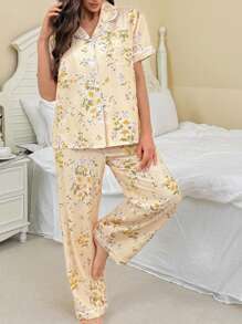 CottageSlumber Flower Print Lapel Collar Short Sleeve Pajama Set - Yellow - View 3