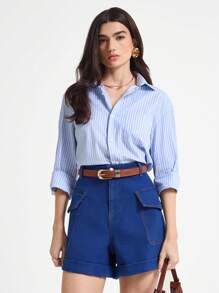 Daynim Women's Commuter Style Flip-Pocket Denim Shorts Going Out Pants - Dark Wash - View 1