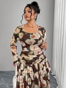 Modelyn Plus Size Long Floral Ruffled Sheer Elastic Fitted Flare Dress - Multicolor - View 6